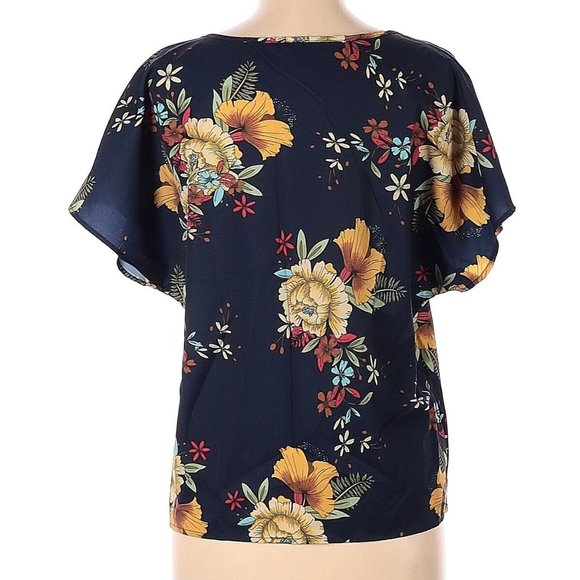 Shein Notched Neck Curved Hem Floral Print Blouse - Picture 2 of 5